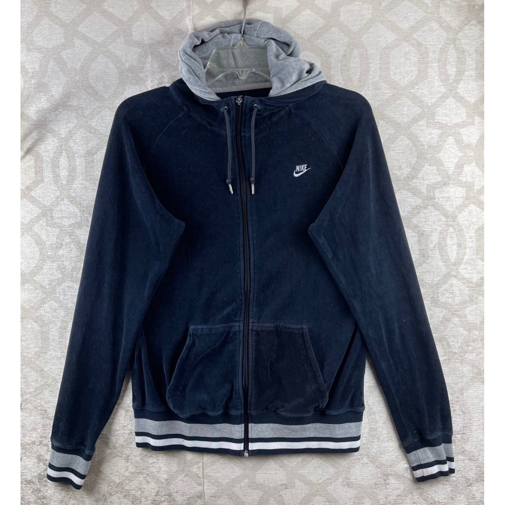 Nike Sportswear Womens Large Black Y2K Full Zip Hoodie Velour Striped